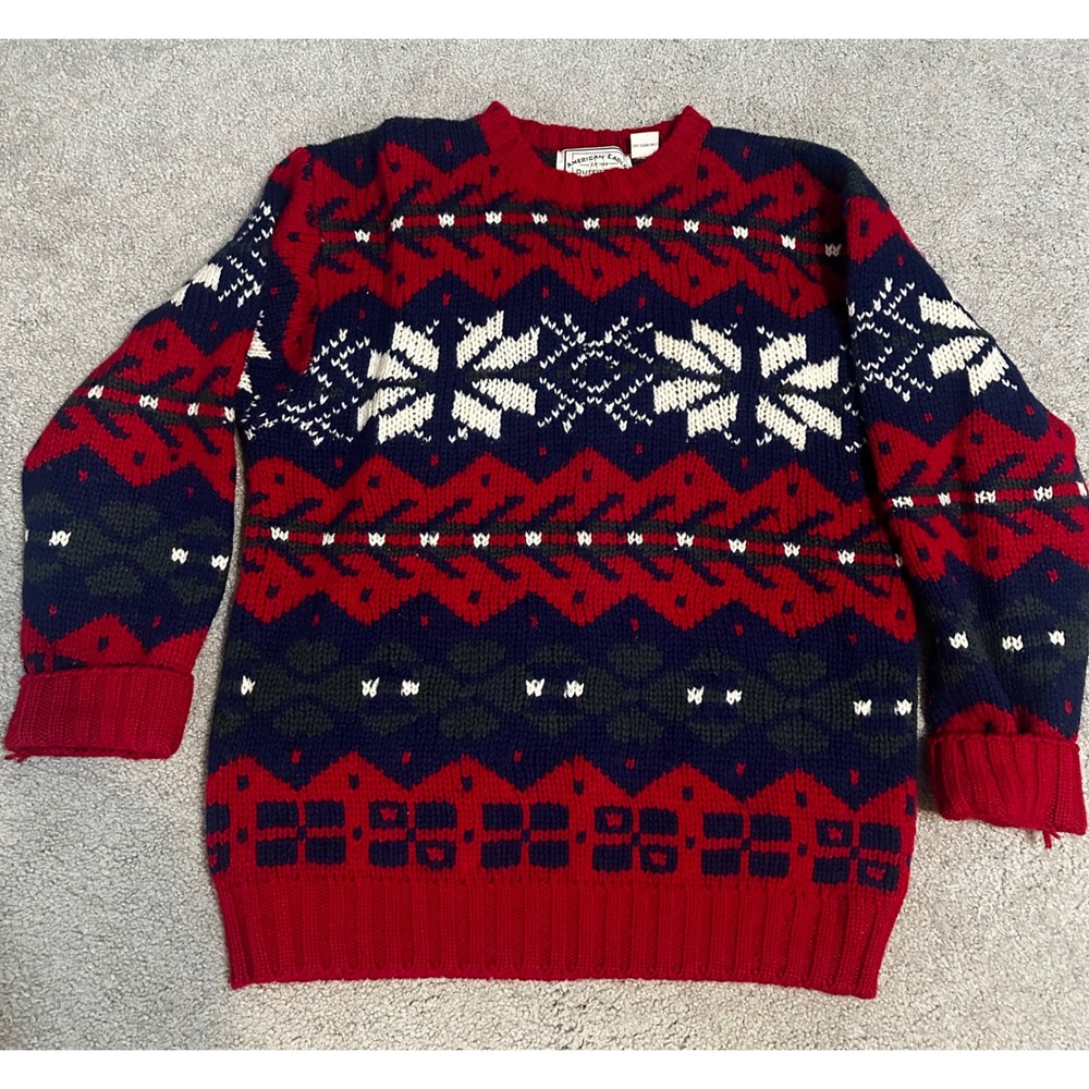 Vintage American Eagle Shetland Wool Sweater Mens Medium Red Navy Fair Isle Knit